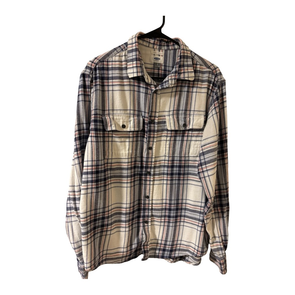 Cream Plaid Button-Up Flannel Button Down Men’s Long Sleeve Shirt Size Large
